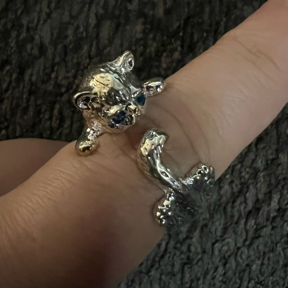 Sterling Silver 925 Kitty Cat Blue Eyes Wrap Ring Adjustable